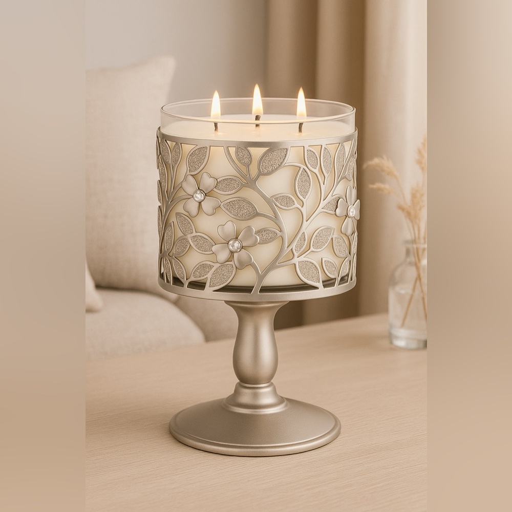 Bath & Body Works Dogwood Pedestal 3-Wick Candle Holder Silver Floral Design